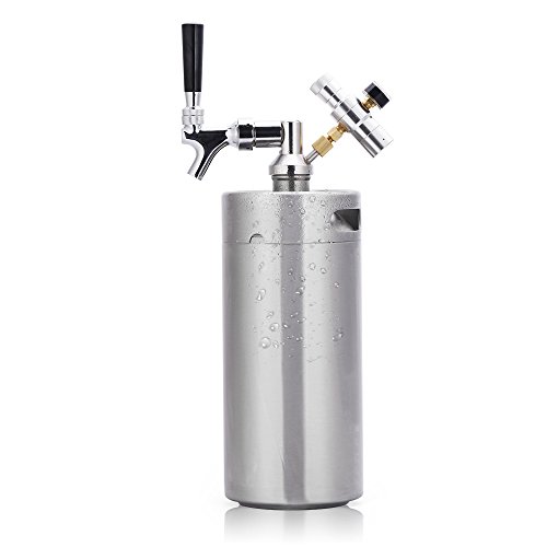 Lamtor G005-3.6L 128 Ounce Mini Keg Pressurized Growler for Craft Dispenser System CO2 Adjustable Draft Beer Faucet with Perfect Pour Regulator, 3.6L, Silver