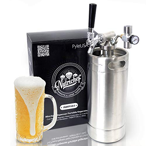 NutriChef Pressurized Growler Tap System - Stainless Steel Mini Keg Dispenser Portable Kegerator Kit - Co2 Pressure Regulator Keeps Carbonation for Craft Beer, Draft and Homebrew - PKBRTP100.5 (128oz)