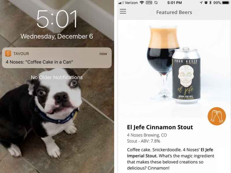 iphone screenshot with tavour notification and inside the tavour app showing a beer for sale