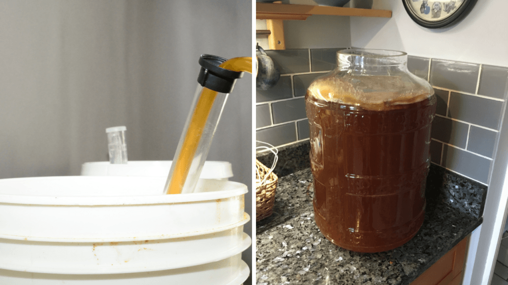 split image with white brew bucket on one side and wide mouth glass carboy on the other side